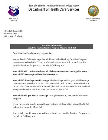 Healthy Families Transition Provider Letter to Beneficiaries - Denti-Cal