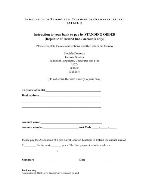 Instruction to your bank to pay by standing order republic of 
