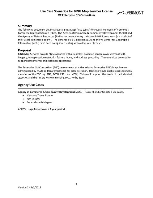 Use Case Scenarios for BING Map Services ... - State of Vermont