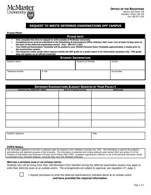 Off Campus Deferred Examination Form - Office of the Registrar ...