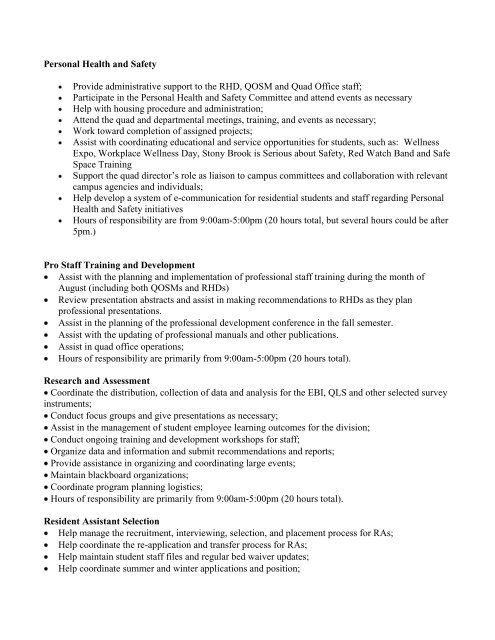 Quad Assistant Job Description - Student Affairs - Stony Brook ...