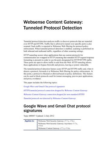 Websense Content Gateway Tunneled Protocol Detection