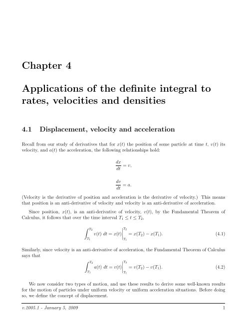 Chapter 4 Applications of the definite integral to rates, velocities and ...
