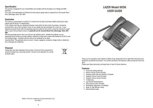 LAZER Model 905K USER GUIDE - TLC Electrical Supplies