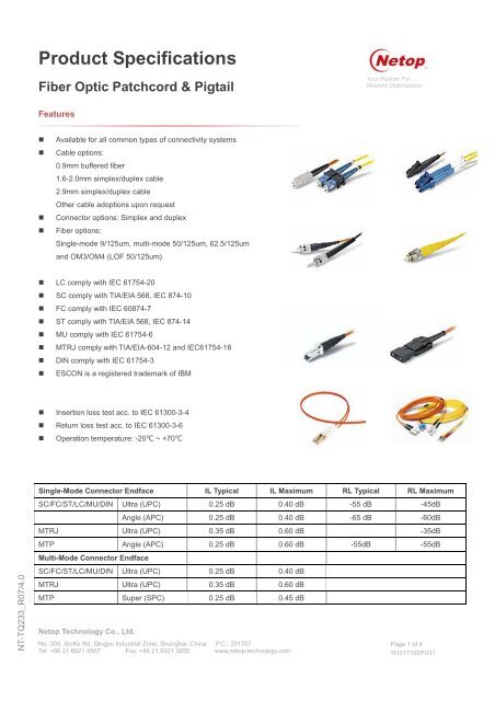 Product Specifications Fiber Optic Patchcord &amp; Pigtail - Netop