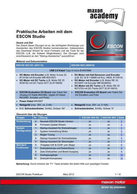 Praktische Arbeiten mit dem ESCON Studio - Maxon Motor