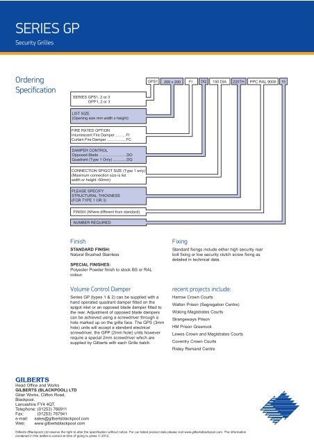 Specifications - Gilberts (Blackpool)