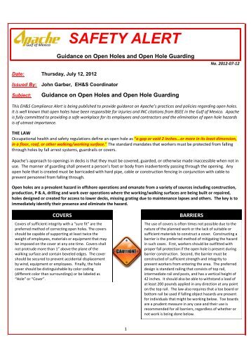 SAFETY ALERT: Open Holes and Hole Guarding 7-12-2012