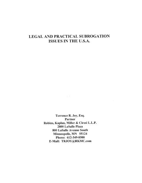 LEGAL AND PRACTICAL SUBROGATION ISSUES IN THE U.S.A.