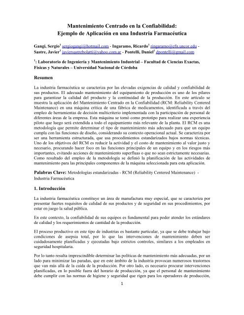 Mantenimiento Centrado en la Confiabilidad: Ejemplo de ... - fices