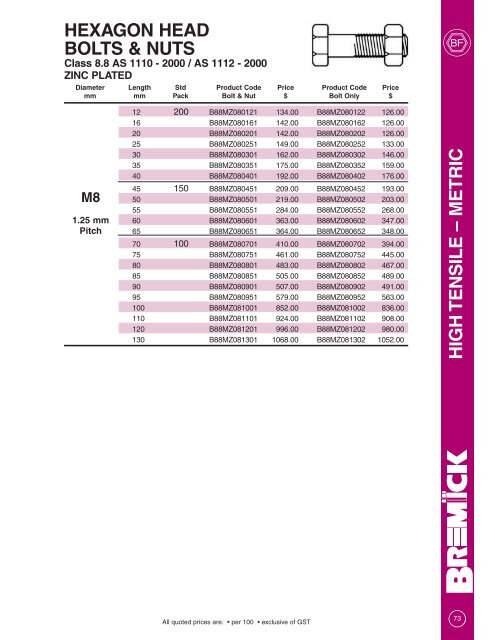 Metric Class 8.8 Bolts & Nuts - RGA and PSM Fasteners