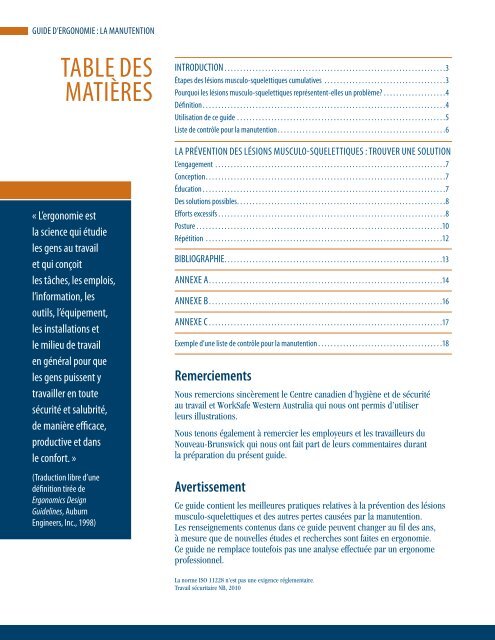 GUIDE D'ERGONOMIE : LA MANUTENTION - WorkSafeNB