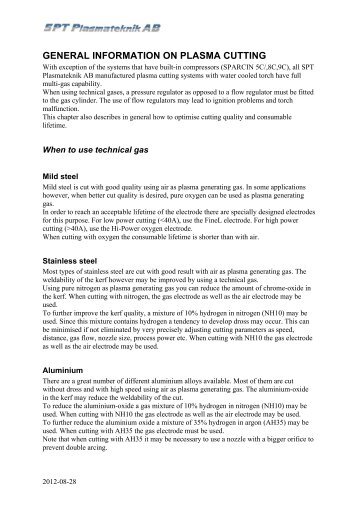 general information on plasma cutting - SPT Plasmateknik AB