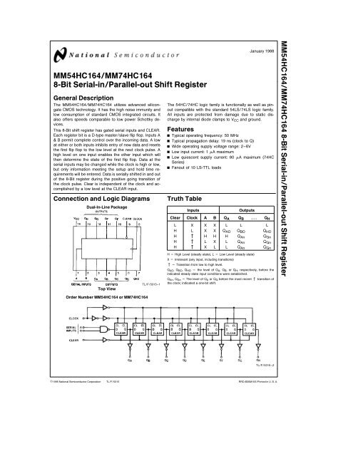 MM54HC164/MM74HC164 8-Bit Serial-in/Parallel-out Shift Register