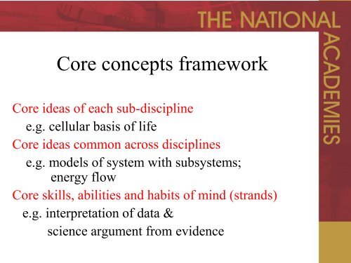 Core Ideas as the basis for teaching science