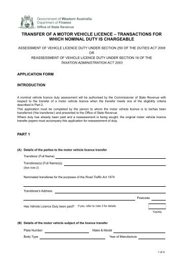 transfer of a motor vehicle licence â transactions for which nominal ...