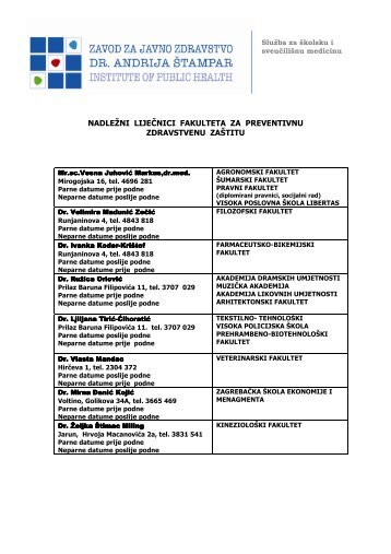 Nadležni liječnici - Prirodoslovno - matematički fakultet