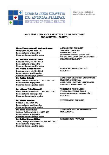 Nadležni liječnici - Prirodoslovno - matematički fakultet