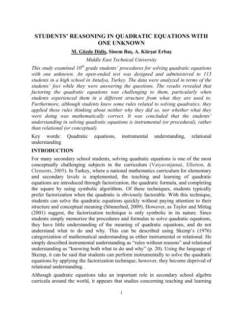 reasoning in quadratic equations with one unknown - Cerme 7