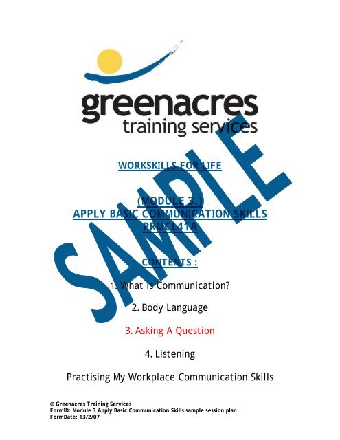 Module 3 Apply Basic Communication Skills sample session plan