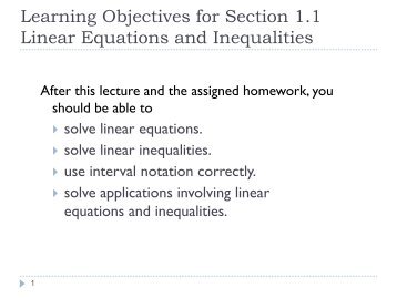 Learning Objectives for Section 1.1 Linear Equations and Inequalities