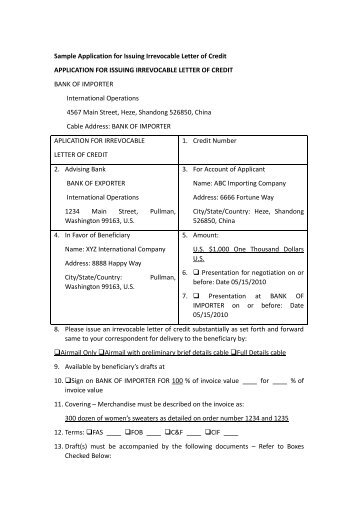 Sample Application for Issuing Irrevocable Letter of Credit ...