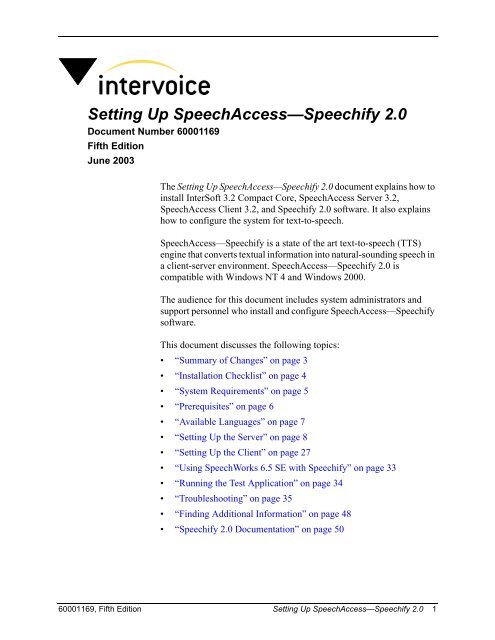 Setting Up SpeechAccess-Speechify 2.0, 5th Ed (V3.2) - Intervoice