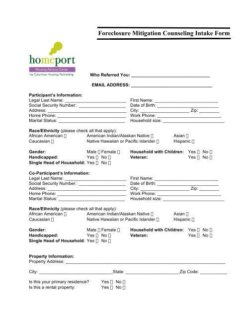 Foreclosure Mitigation Counseling Intake Form