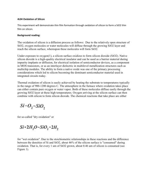 Oxidation Growth Of SiO2 On Silicon - Course Notes