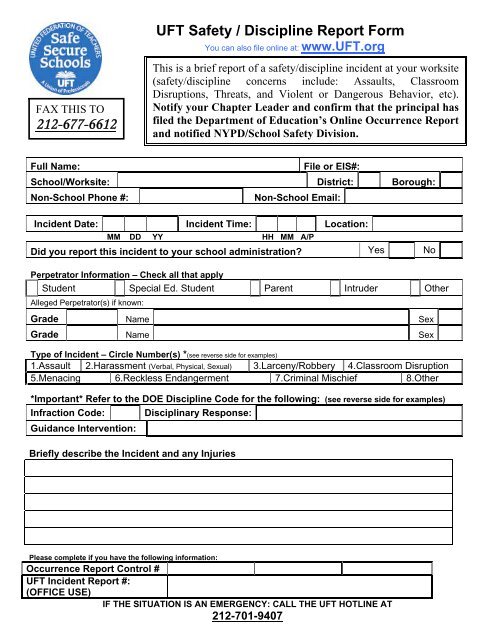 UFT Safety / Discipline Report Form