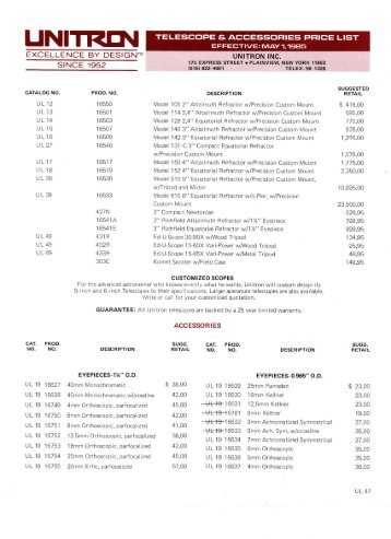 1985 Unitron Telescopes and Accessories Price List