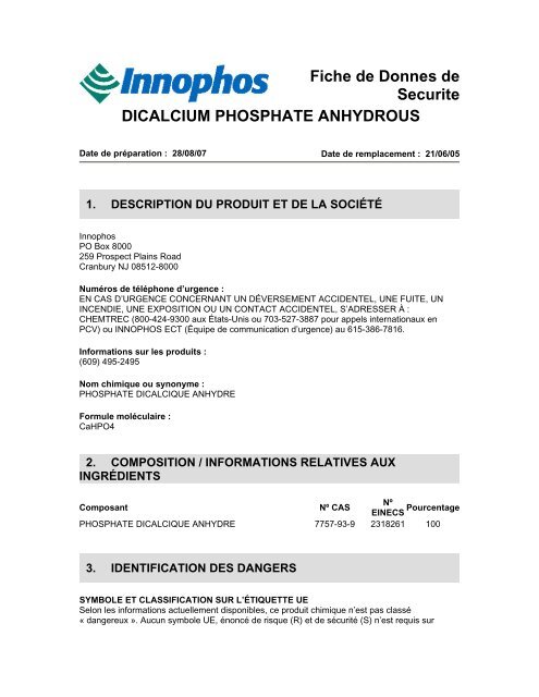 Fiche de Donnes de Securite DICALCIUM PHOSPHATE ... - Innophos