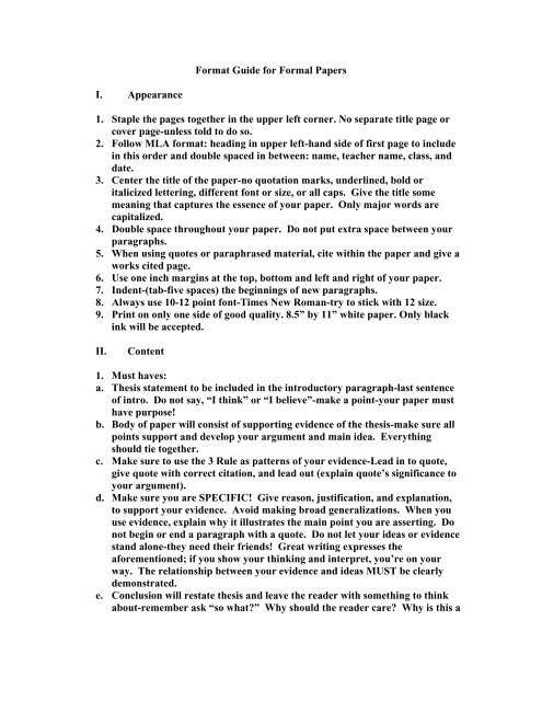 Format Guide for Formal Papers I. Appearance 1. Staple the pages ...