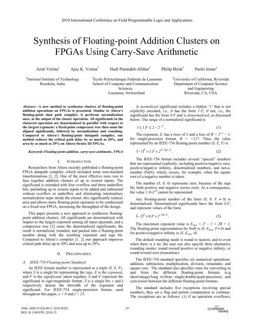 Synthesis of Floating-Point Addition Clusters on FPGAs Using Carry ...