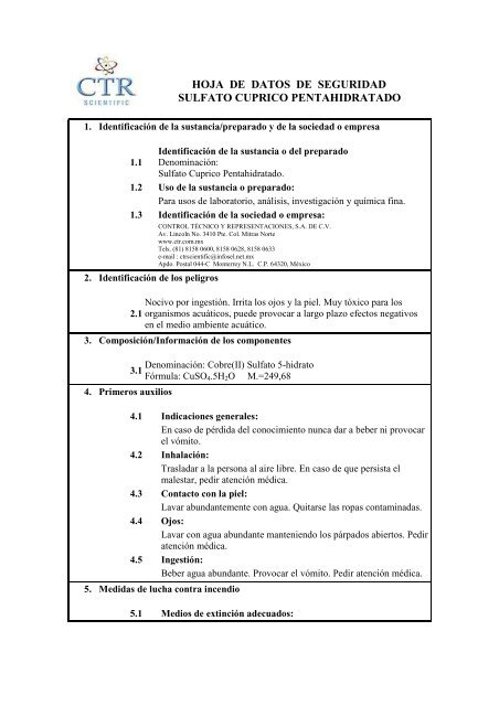 Sulfato Cuprico Pentahidratado MSDS - CTR Scientific