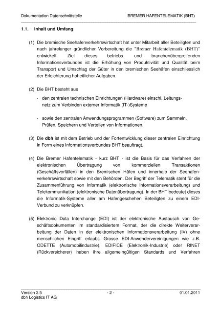 Bremer Hafentelemat Bremer Hafentelematik (BHT) - KIS - dbh ...