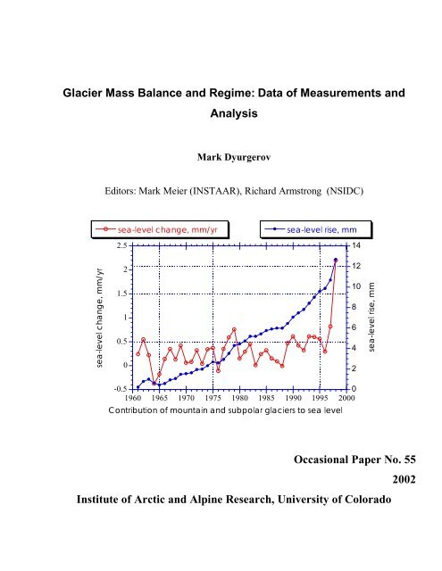 Glacier Mass Balance and Regime: Data of Measurements and ...