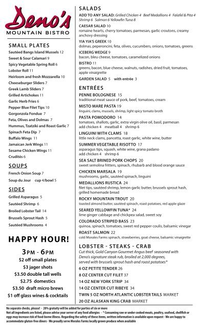 Dinner Menu Deno S Mountain Bistro