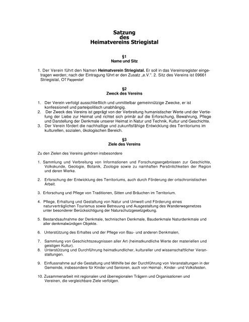 Satzung des Heimatvereins Striegistal - Heimatverein Striegistal eV
