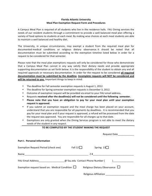 Florida Atlantic University Meal Plan Exemption Request Form and ...