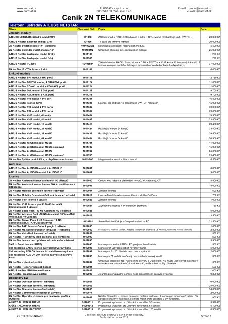 CenÃ­k 2N TELEKOMUNIKACE - Eurosat CS