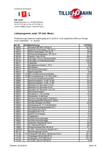 Tillig H0 Verkaufspreisliste 2012 - auf kml-log