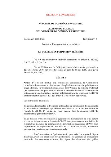 Institution d'une commission consultative Lutte contre le blanchiment