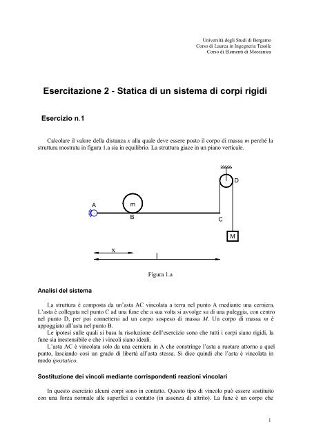 Statica di un sistema di corpi rigidi - UniversitÃ  degli studi di Bergamo