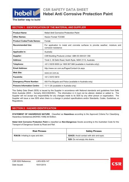 Hebel Anti Corrosive Protection Paint MSDS - CSR