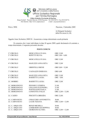 Assunzioni a tempo determinato scuola primaria - USP di Piacenza