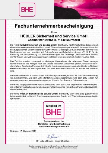 BHE: Fachunternehmer- und Facherrichterbescheinigung - HÃ¼bler ...