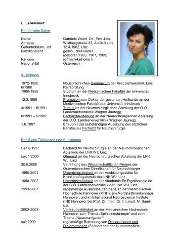 B. Lebenslauf: Persönliche Daten Name Gabriele Wurm, Dr., Priv ...