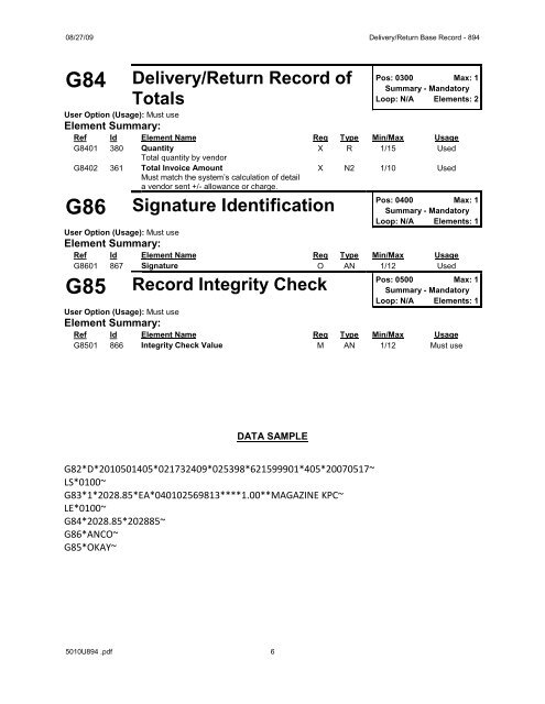 894 Delivery/Return Base Record 005010 UCS & X12 - Kroger EDI