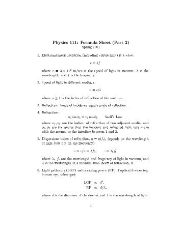 Physics 111: Formula Sheet (Part 2) Spring 2001 1. Electromagnetic ...